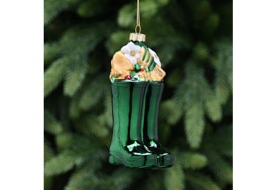 Festive Green Glass Wellies  White Flowers 13cm