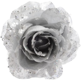 Pes Rose On Clip With Glitter Silver 14cm Pes Rose On Clip With Glitter Silver 14cm