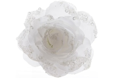 Pes Rose On Clip With Glitter Winter White 14cm (629346)