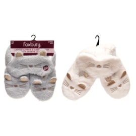 Ladies Cat Faux Fur Slipper Socks w3d Sleep Mask Asst (SK1138)