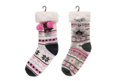 Ladies Fairisle Lounge Socks w Pom Pom & Gripper Ladies Fairisle Lounge Socks w Pom Pom & Gripper