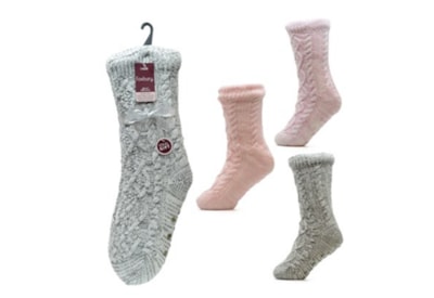 Ladies Twist Yarn Cable Lounge Gripper Socks Asst (SK945)