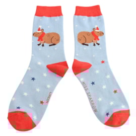 Miss Sparrow Bamboo Socks Christmas Capybara Powder Blue