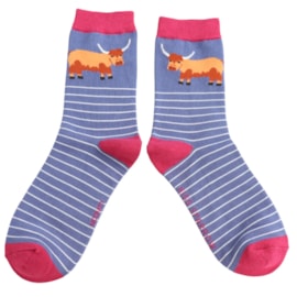 Miss Sparrow Highland Cow & Stripes Socks Denim