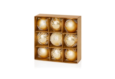9 Decorated Baubles Champagne Gold 60mm