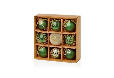 9 Decorated Baubles Dark Green 60mm 9 Decorated Baubles Dark Green 60mm