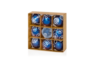 9 Decorated Baubles Midnight Blue 60mm