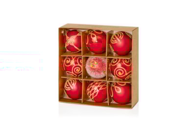 9 Decorated Baubles Red 60mm