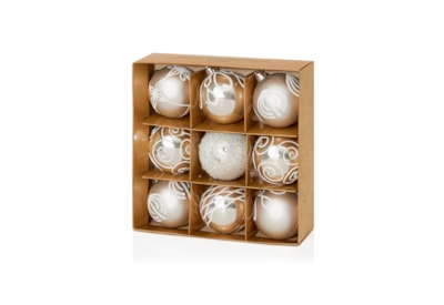 9 Decorated Baubles Silver 60mm