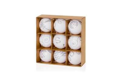 9 Decorated Baubles White 60mm