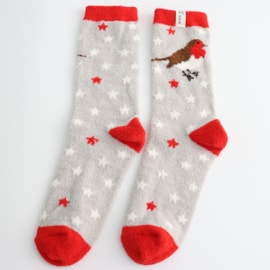 Fluffy Socks Festive Robins Silver